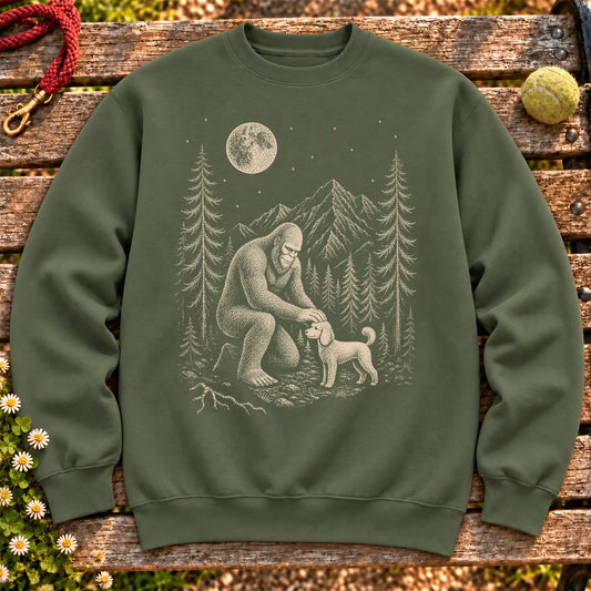 Poodle Bigfoot Petting on a Military Green crewneck sweatshirt, shown flat