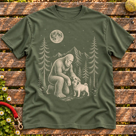Pug Bigfoot Petting on a Military Green T-shirt, shown flat
