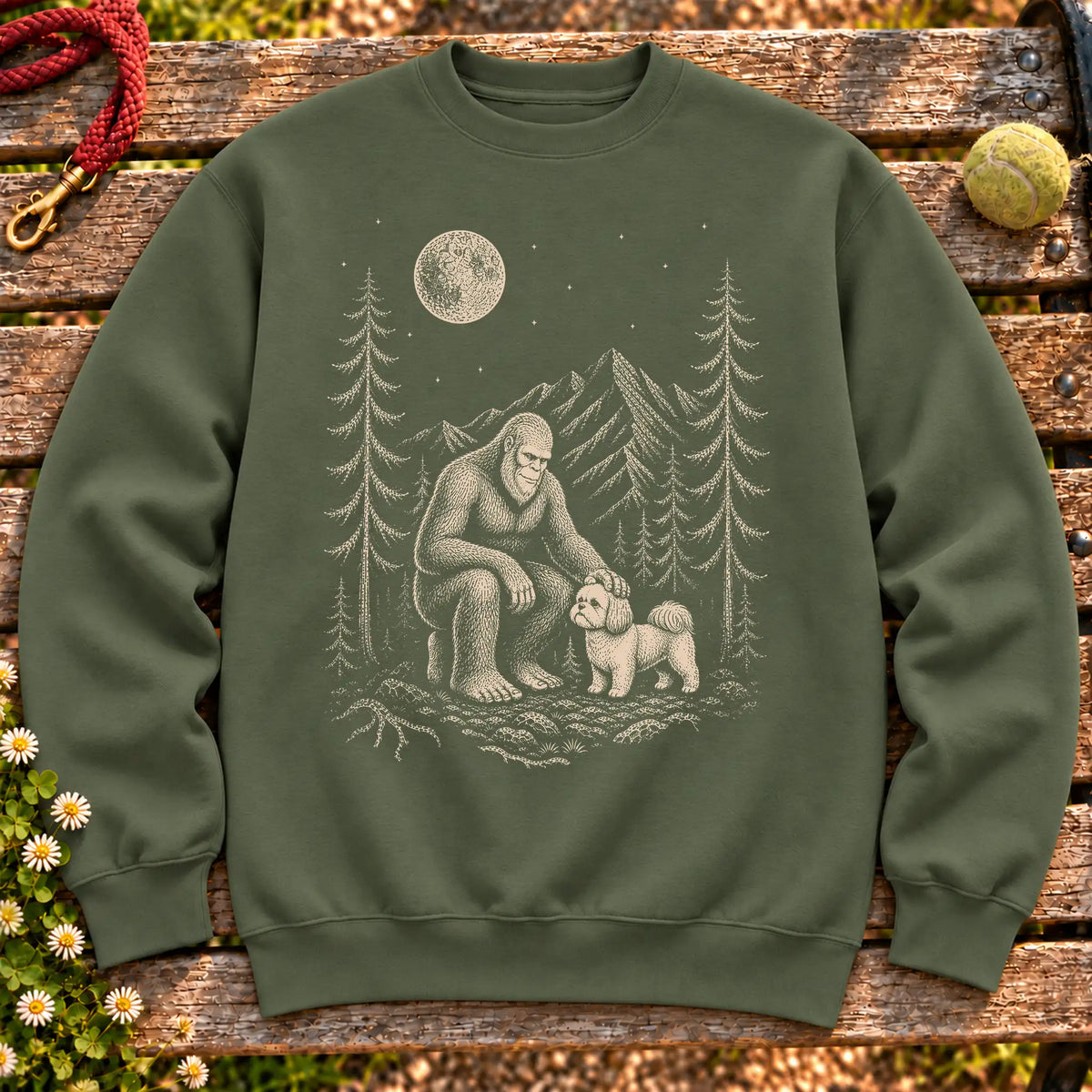 Shih Tzu Bigfoot Petting on a Military Green crewneck sweatshirt, shown flat