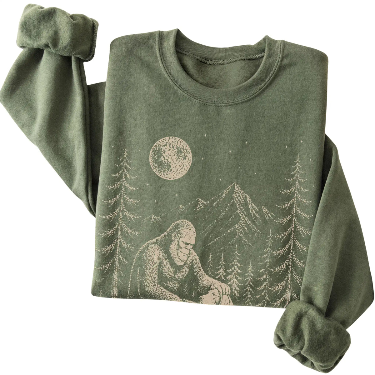 Folded Weimaraner and Bigfoot Sweatshirt in Military Green