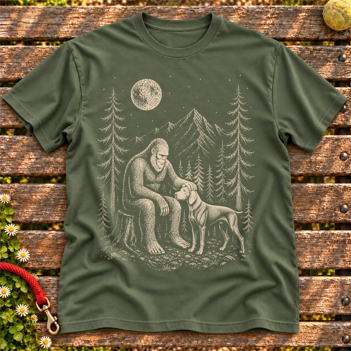 Weimaraner Bigfoot Petting on a Military Green T-shirt, shown flat