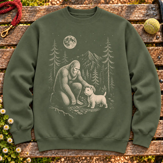 Westie Bigfoot Petting on a Military Green crewneck sweatshirt, shown flat