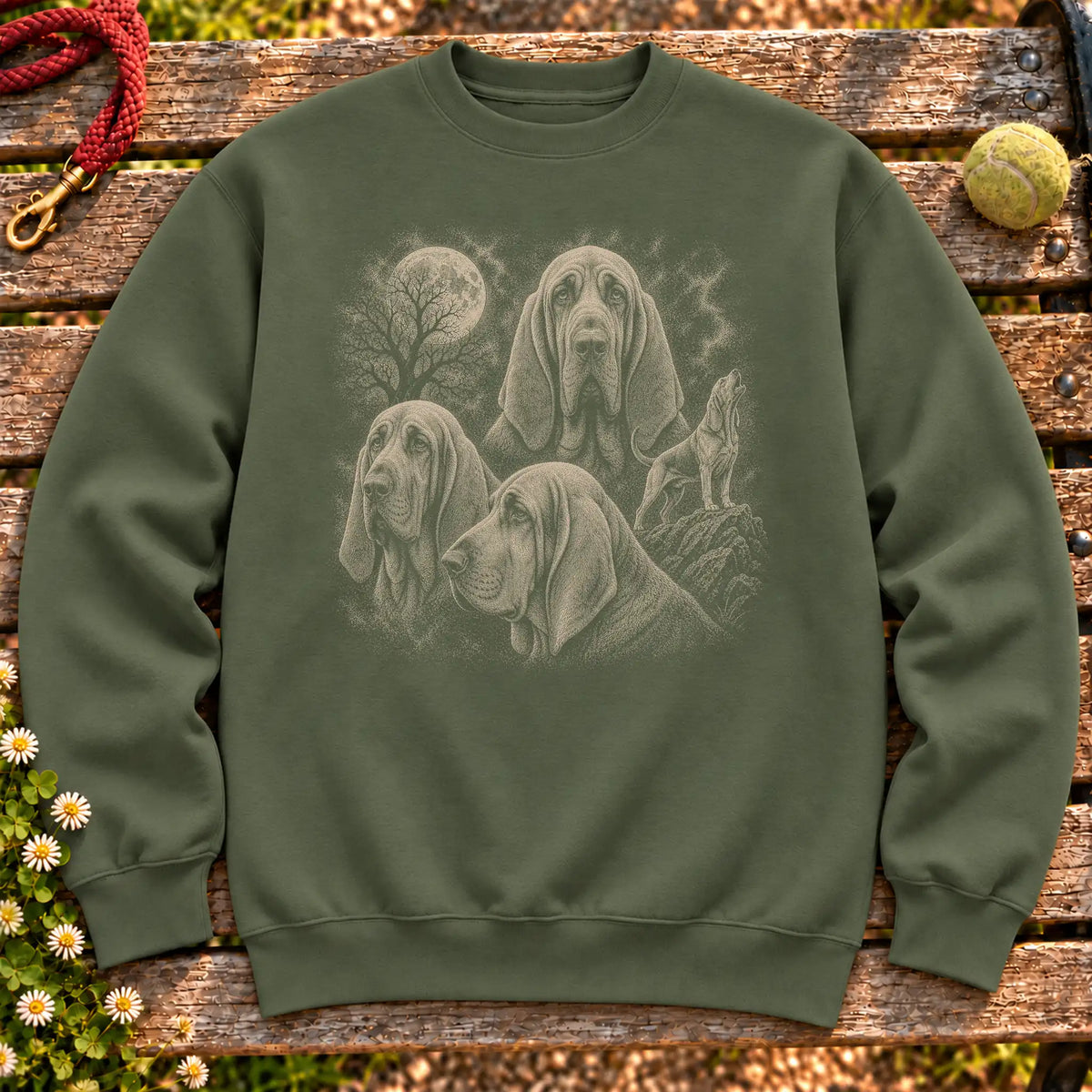 Bloodhound 90s Moon design on a Military Green crewneck sweatshirt shown flat