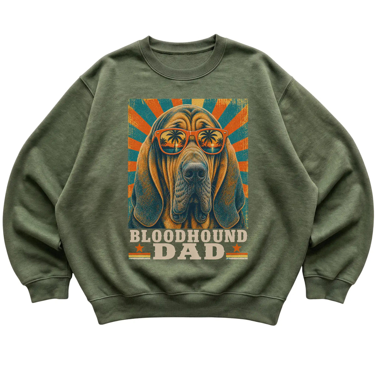 Retro Bloodhound Dad design on a Military Green crewneck sweatshirt