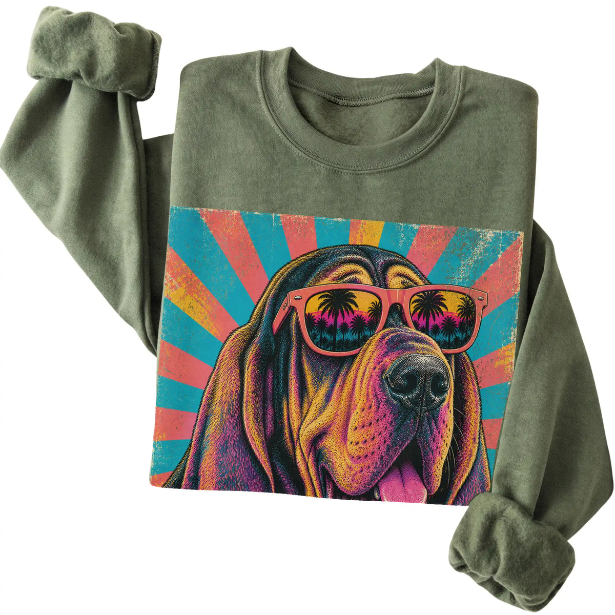 Folded Military Green crewneck sweatshirt with a Retro Bloodhound Mama design