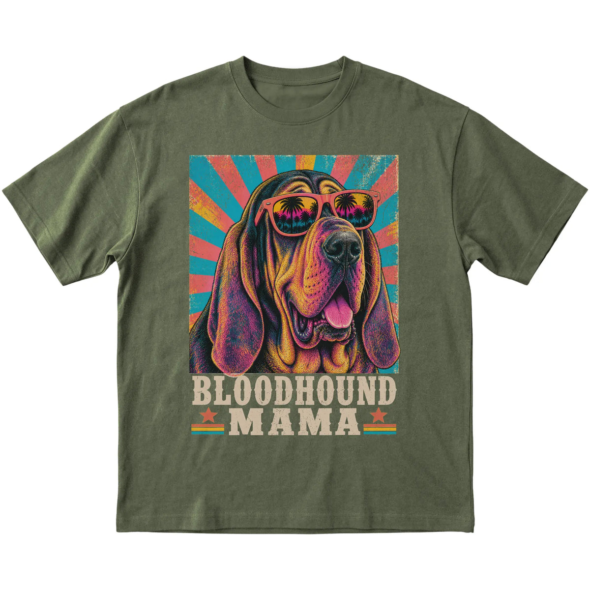 Retro Bloodhound Mama design on a Military Green softstyle T-shirt