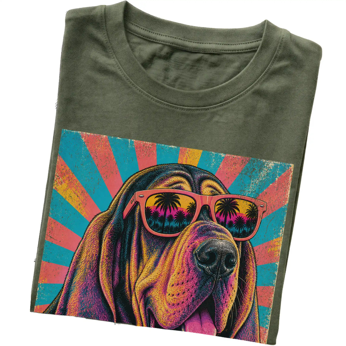 Folded Military Green softstyle T-shirt with a Retro Bloodhound Mama design