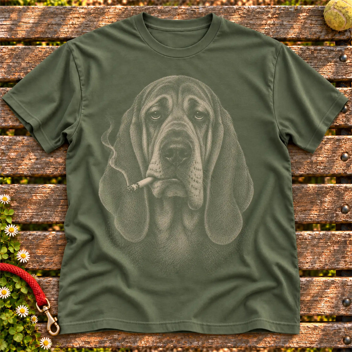 Bloodhound smoking design on a Military Green t-shirt