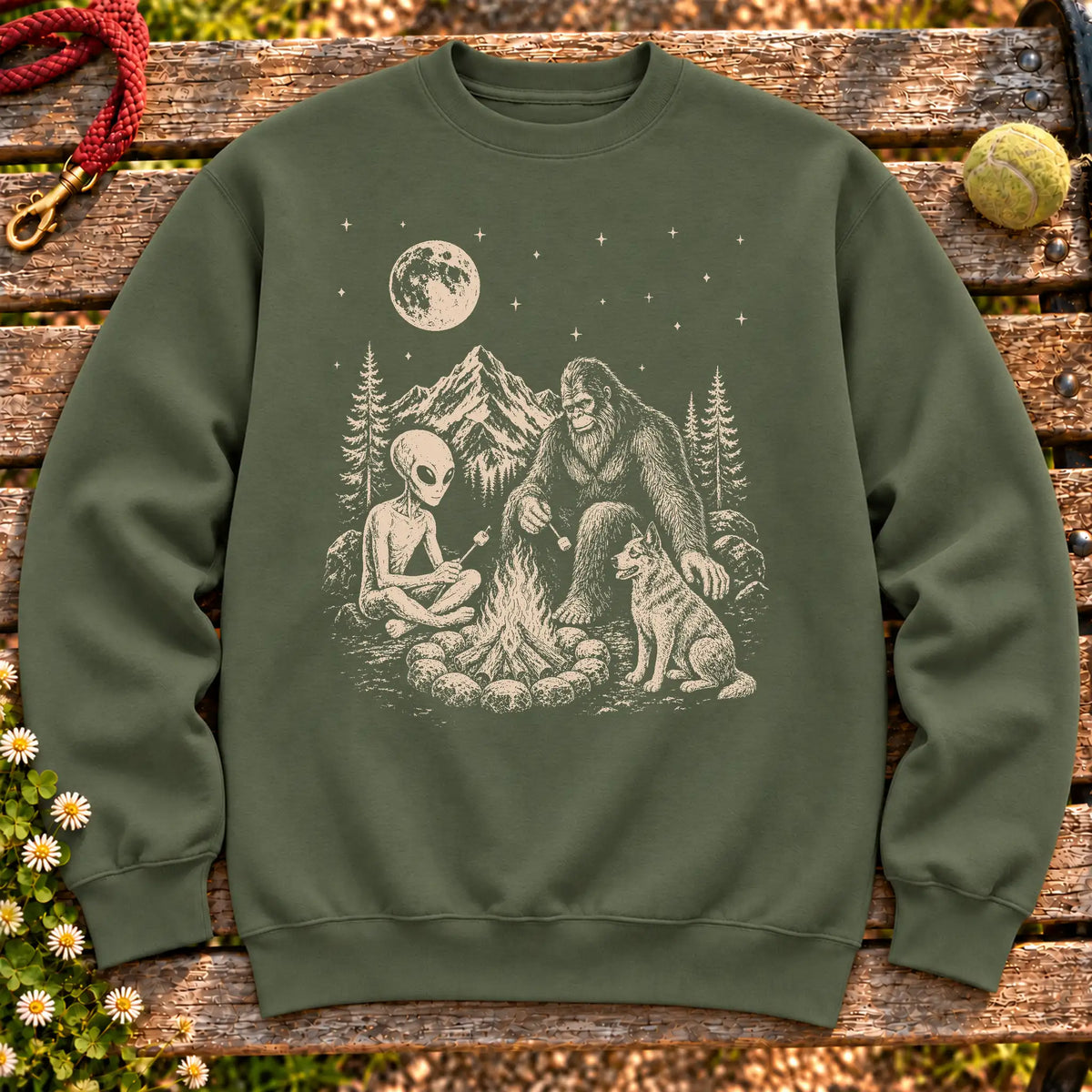 Blue Heeler Camping with Bigfoot and Alien on a Military Green crewneck sweatshirt, shown flat