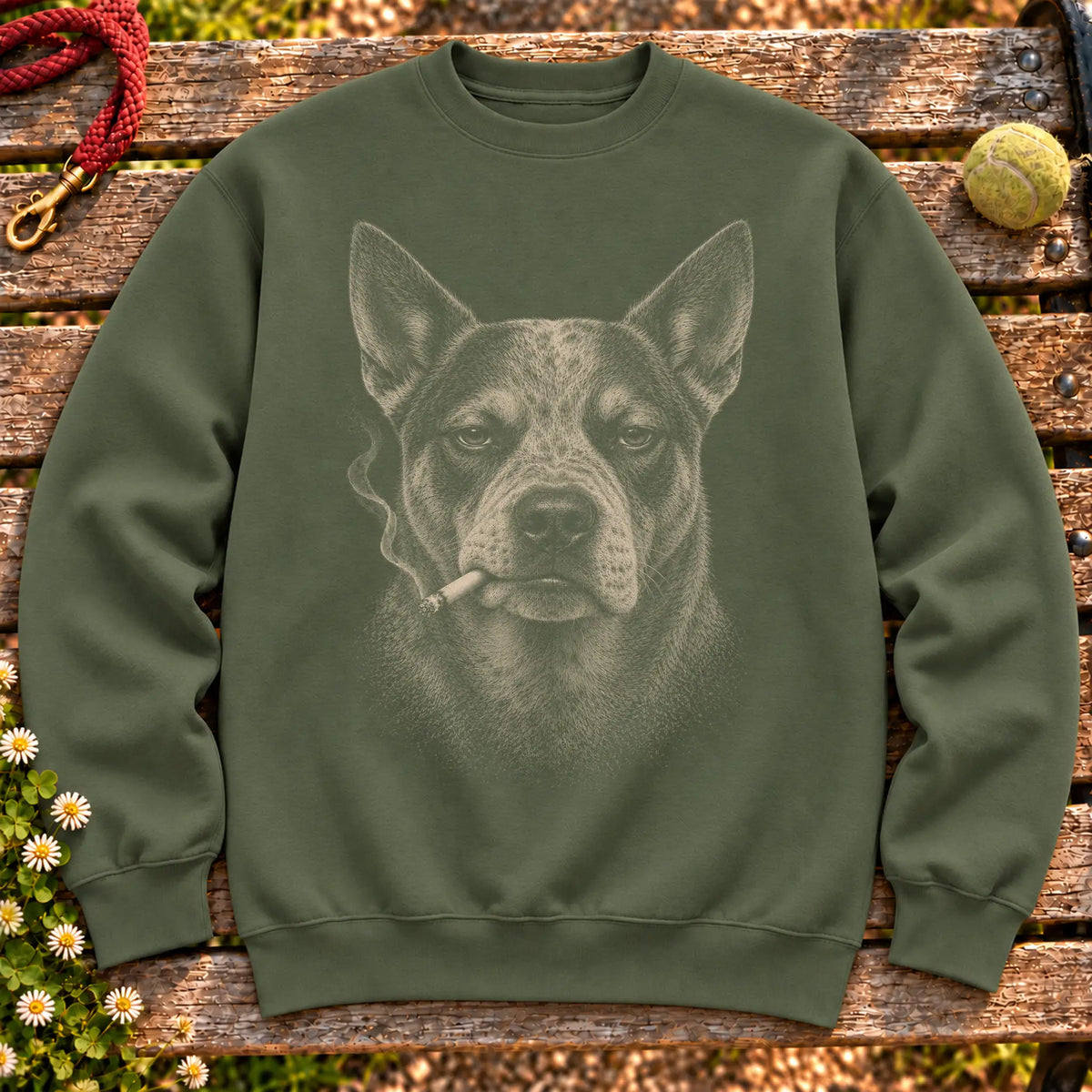 Blue Heeler smoking design on a Military Green sweatshirt