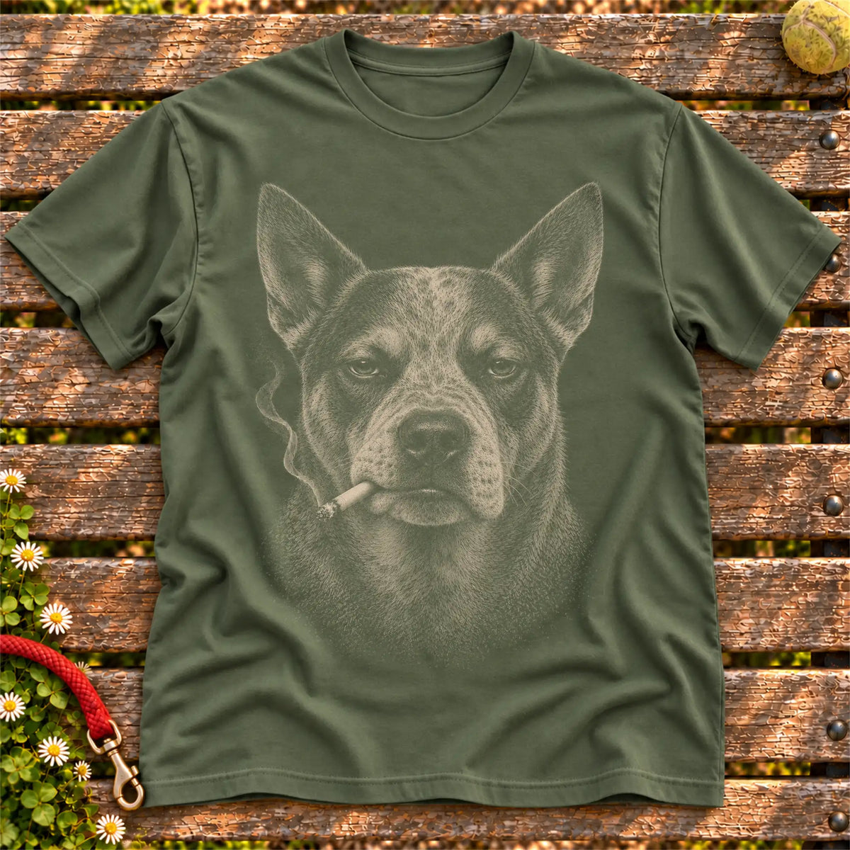 Blue Heeler smoking design on a Military Green t-shirt