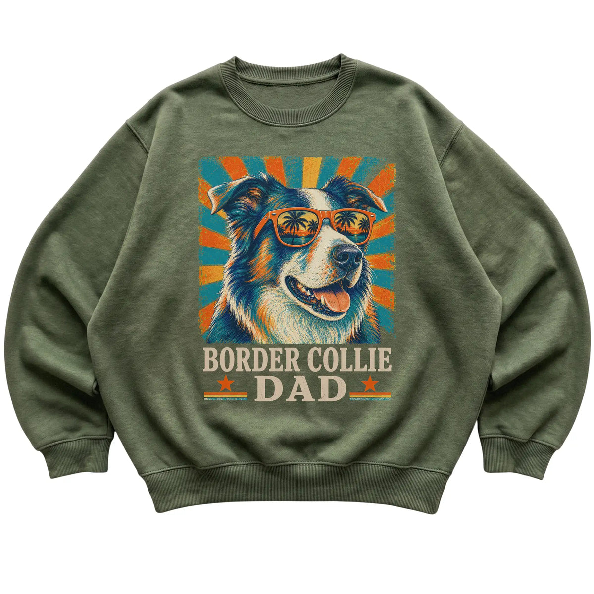 Retro Border Collie Dad design on a Military Green crewneck sweatshirt