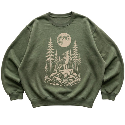 Close view of Border Collie Howling at the Moon artwork on Military Green crewneck sweatshirt