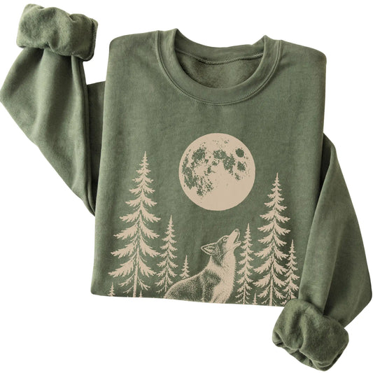 Border Collie Howling at the Moon crewneck sweatshirt in Military Green