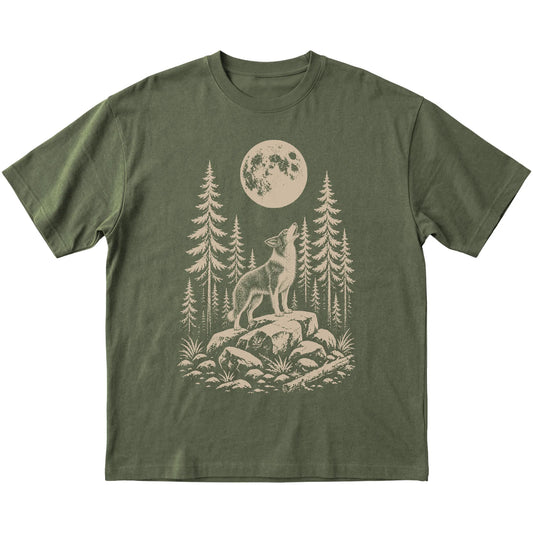 Close view of Border Collie Howling at the Moon artwork on Military Green softstyle T-shirt