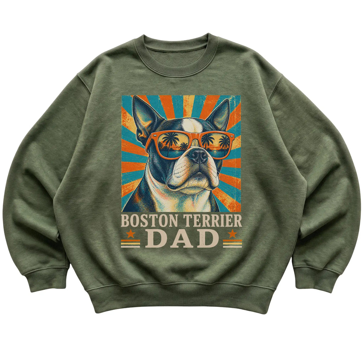 Retro Boston Terrier Dad design on a Military Green crewneck sweatshirt