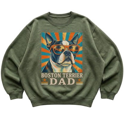 Retro Boston Terrier Dad design on a Military Green crewneck sweatshirt
