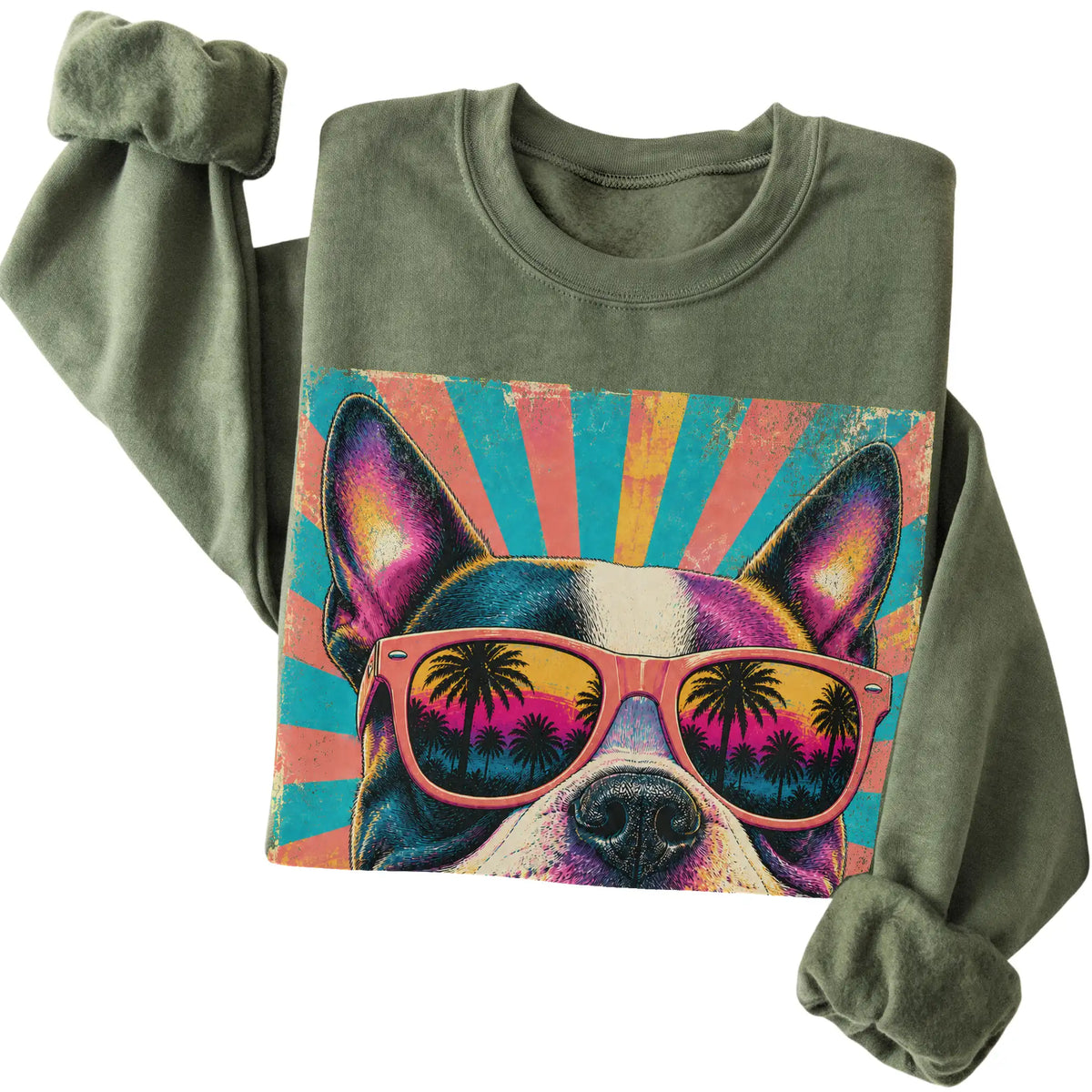 Folded Military Green crewneck sweatshirt with a Retro Boston Terrier Mama design