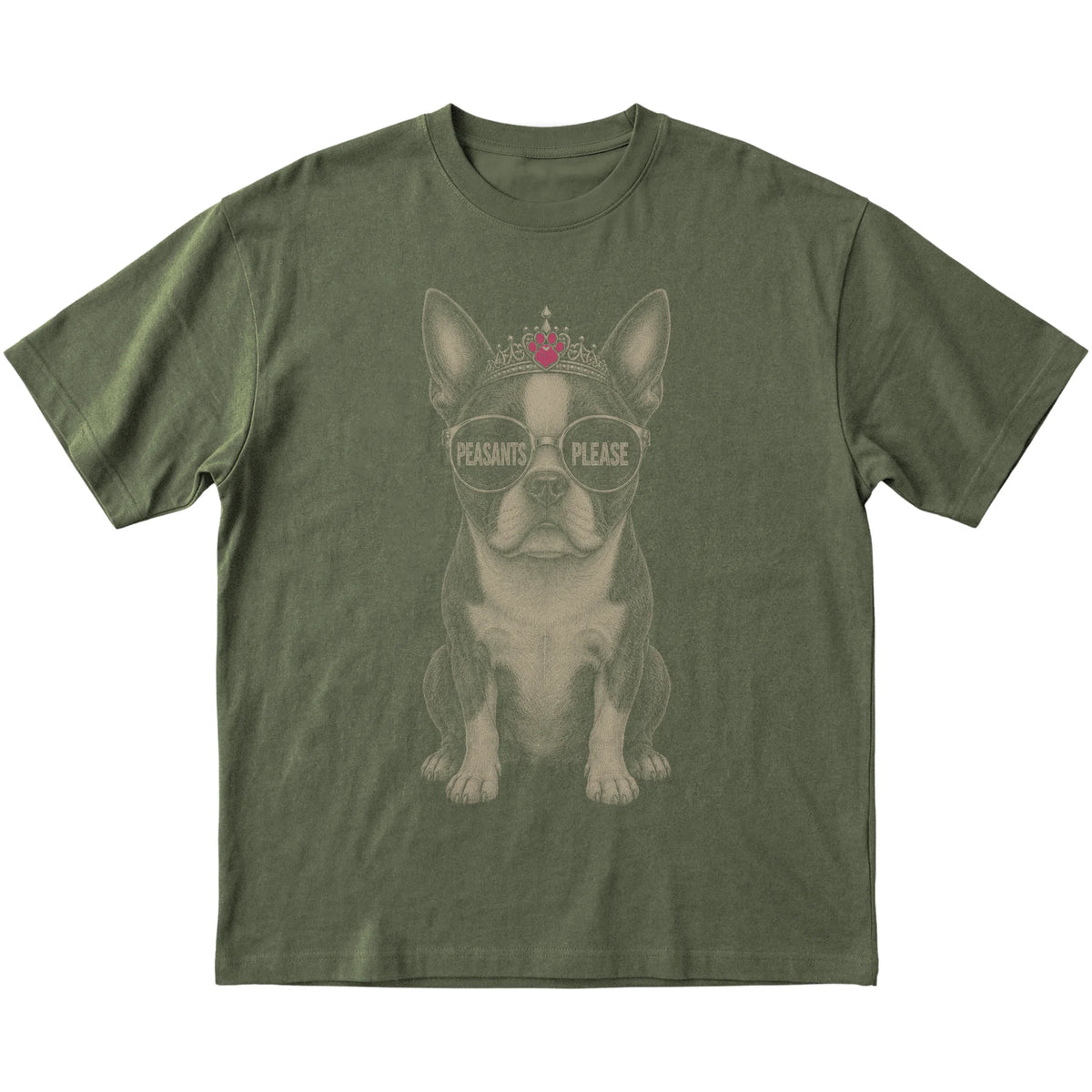 Military Green Boston Terrier Peasants Please T-Shirt laid flat