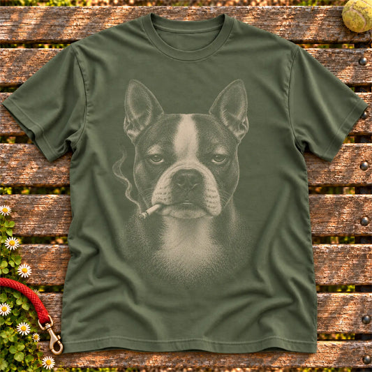 Boston Terrier smoking design on a Military Green t-shirt