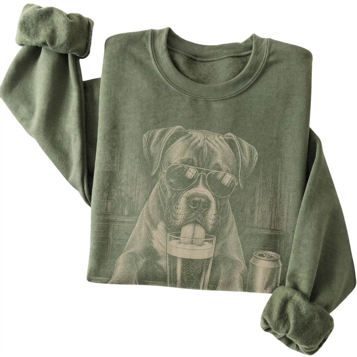 Military Green Boxer drinking from a pint at a bar, folded detail view