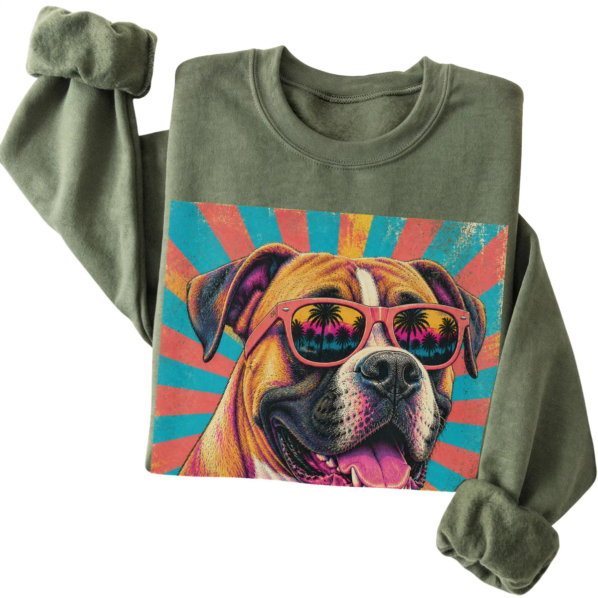 Folded Military Green crewneck sweatshirt with a Retro Boxer Mama design