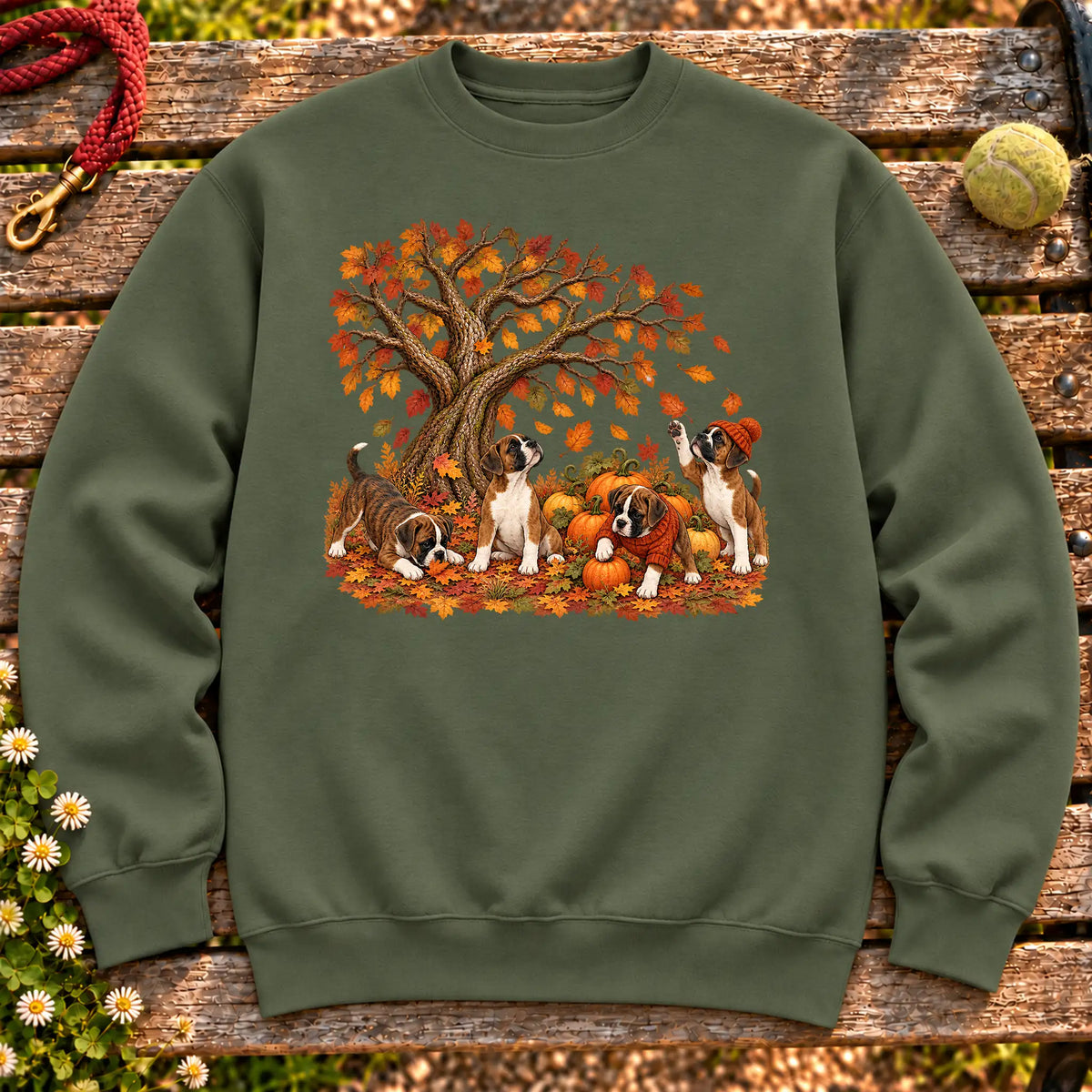 Four Boxer puppies with pumpkins beneath an autumn tree on a Military Green crewneck sweatshirt