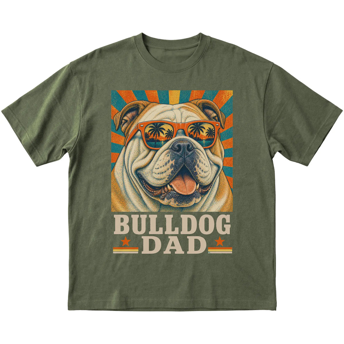 Retro Bulldog Dad design on a Military Green softstyle T-shirt