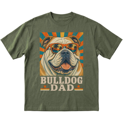 Retro Bulldog Dad design on a Military Green softstyle T-shirt