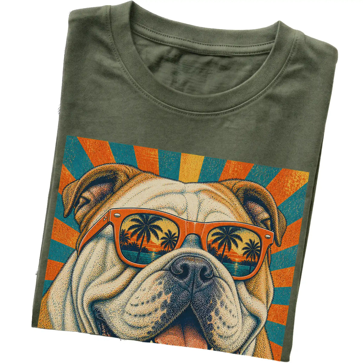 Folded Military Green softstyle T-shirt with a Retro Bulldog Dad design