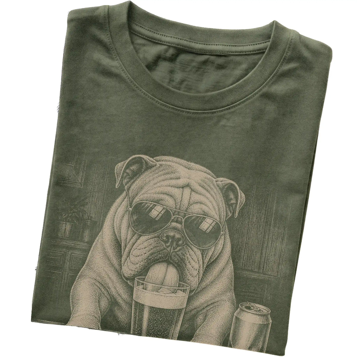 Military Green English Bulldog drinking from a pint at a bar, folded detail view