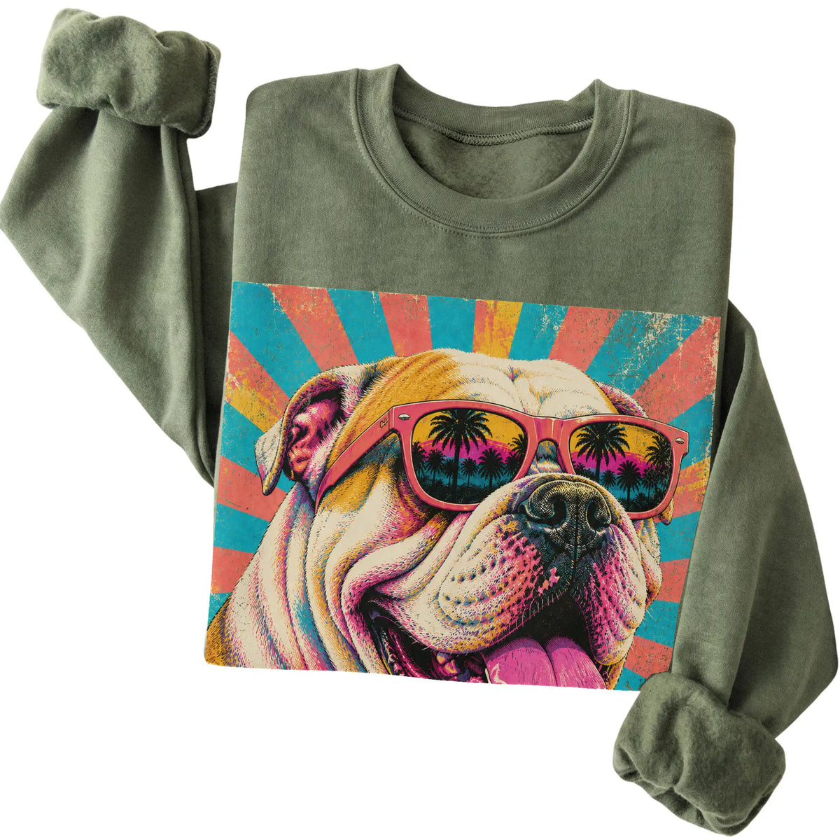 Folded Military Green crewneck sweatshirt with a Retro Bulldog Mama design