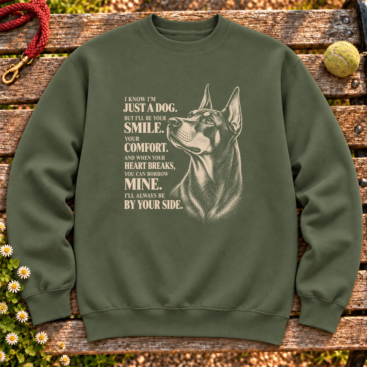 Military Green Gildan® crewneck sweatshirt featuring the Doberman By Your Side design.