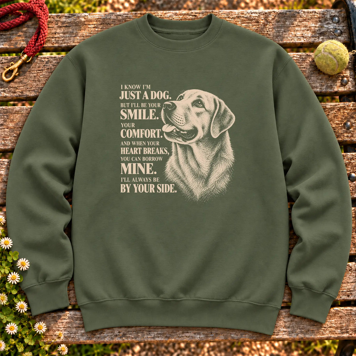 Military Green Gildan® crewneck sweatshirt featuring the Labrador Retriever By Your Side design.
