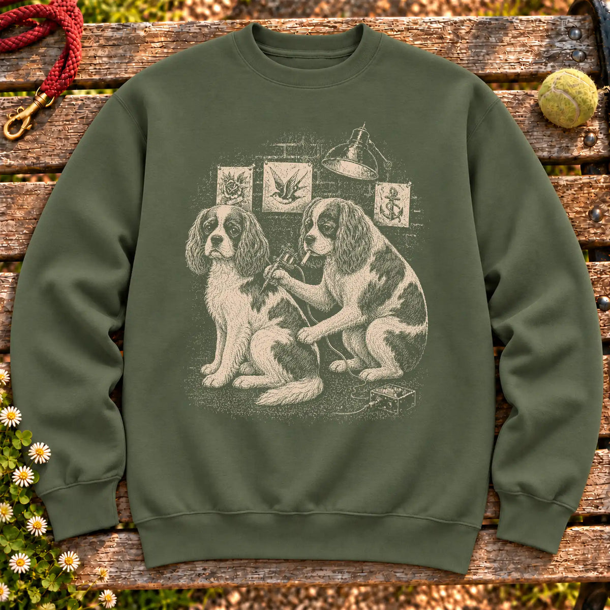 Cavalier King Charles Spaniel Tattoo on a Military Green crewneck sweatshirt, shown flat