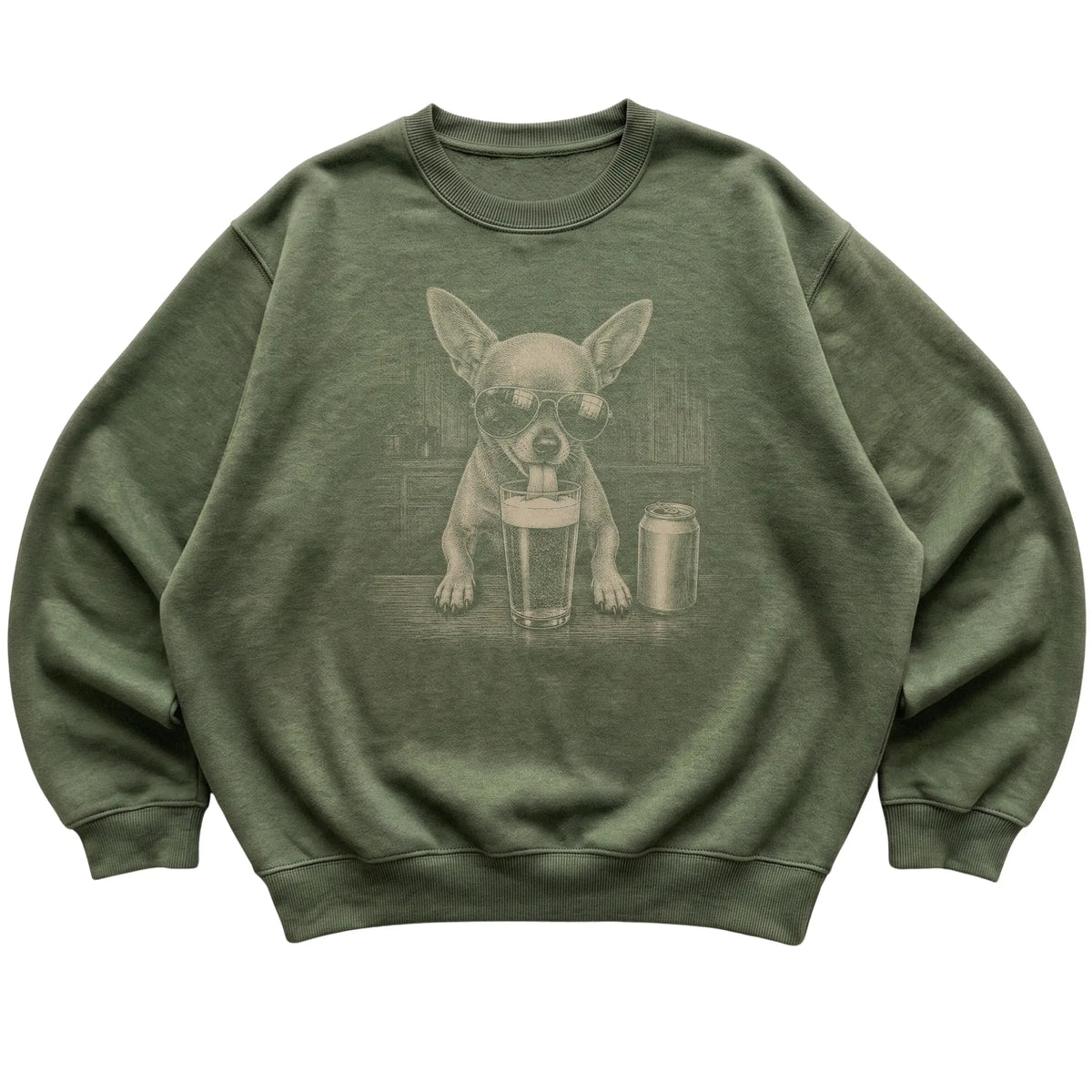 Military Green Chihuahua drinking from a pint at a bar, laid flat