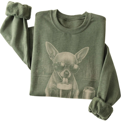 Military Green Chihuahua drinking from a pint at a bar, folded detail view
