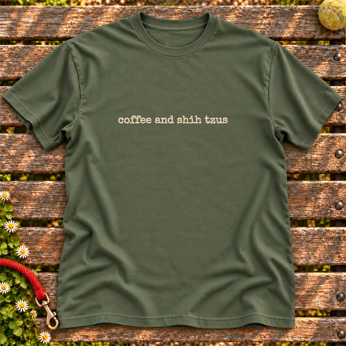 Coffee & Shih Tzus design on a Military Green T-shirt, shown flat