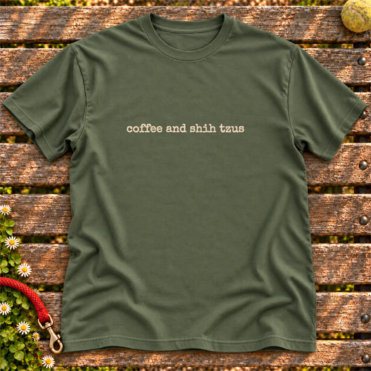 Coffee & Shih Tzus design on a Military Green T-shirt, shown flat