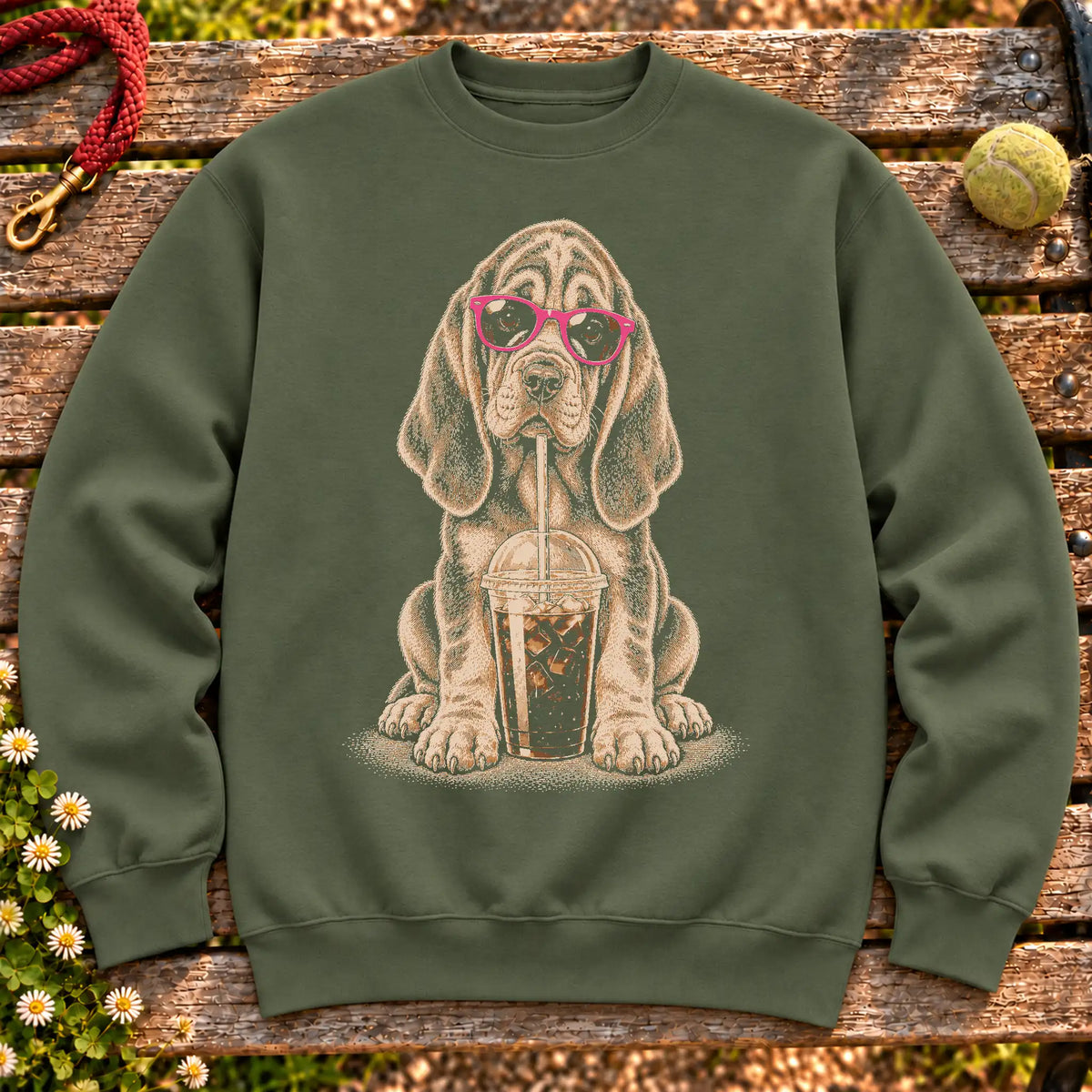 Bloodhound drinking cold coffee in pink sunglasses on Military Green sweatshirt