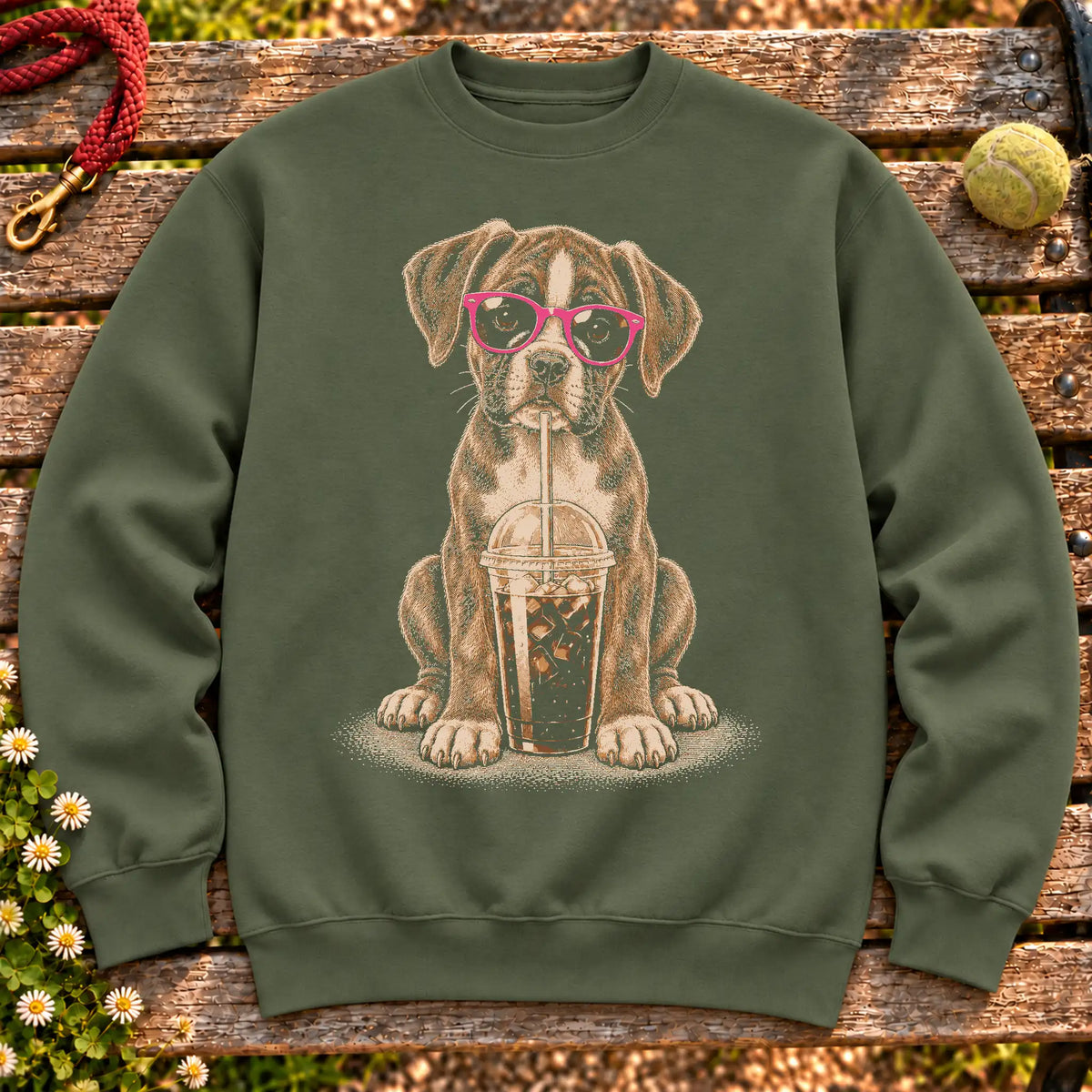 Boxer drinking cold coffee in pink sunglasses on Military Green sweatshirt