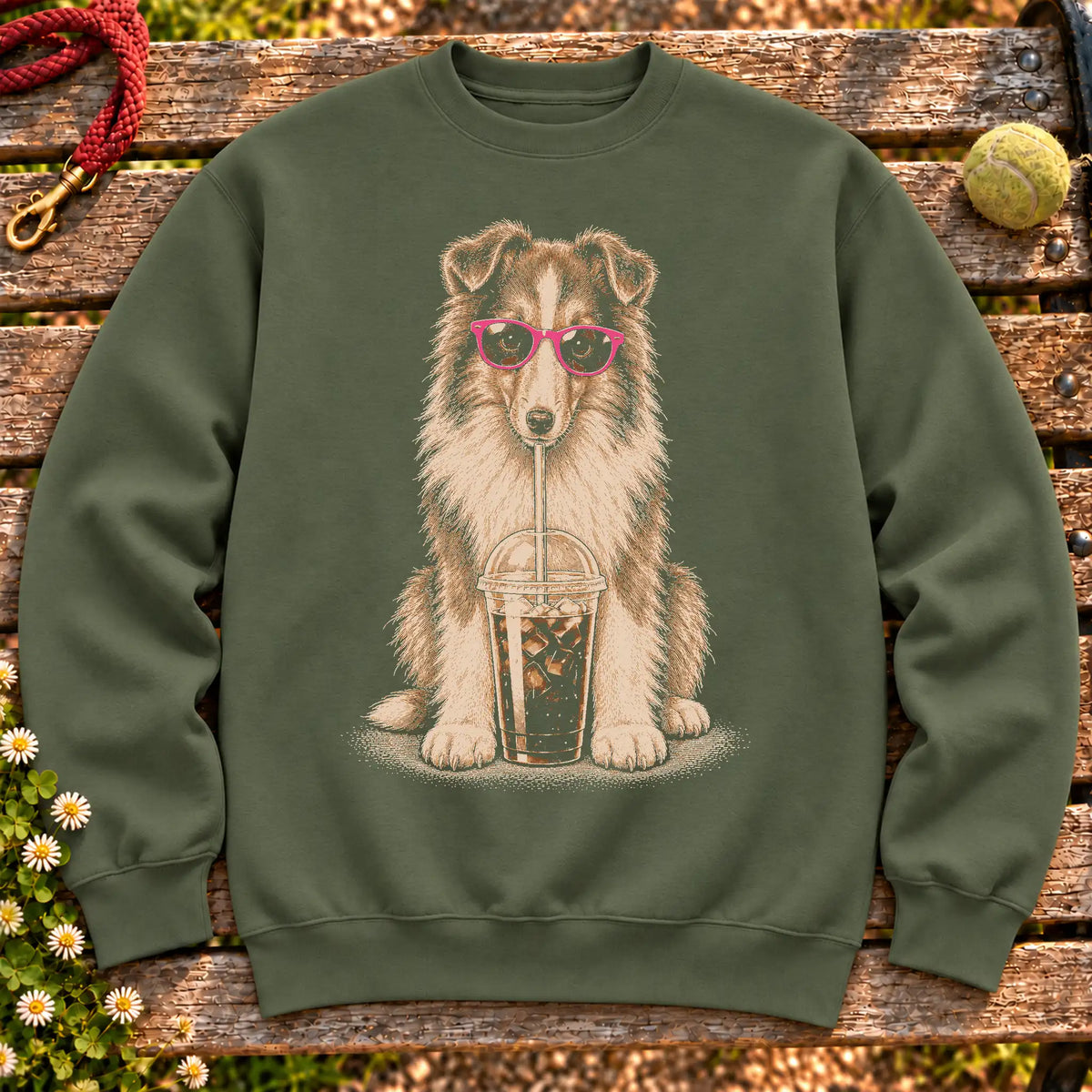 Collie drinking cold coffee in pink sunglasses on Military Green sweatshirt
