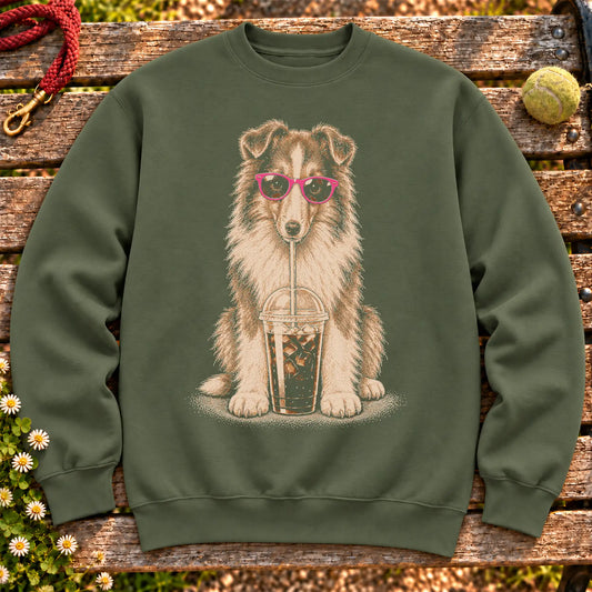 Collie drinking cold coffee in pink sunglasses on Military Green sweatshirt
