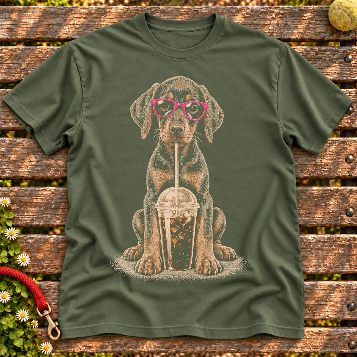 Doberman drinking cold coffee in pink sunglasses on Military Green T-shirt