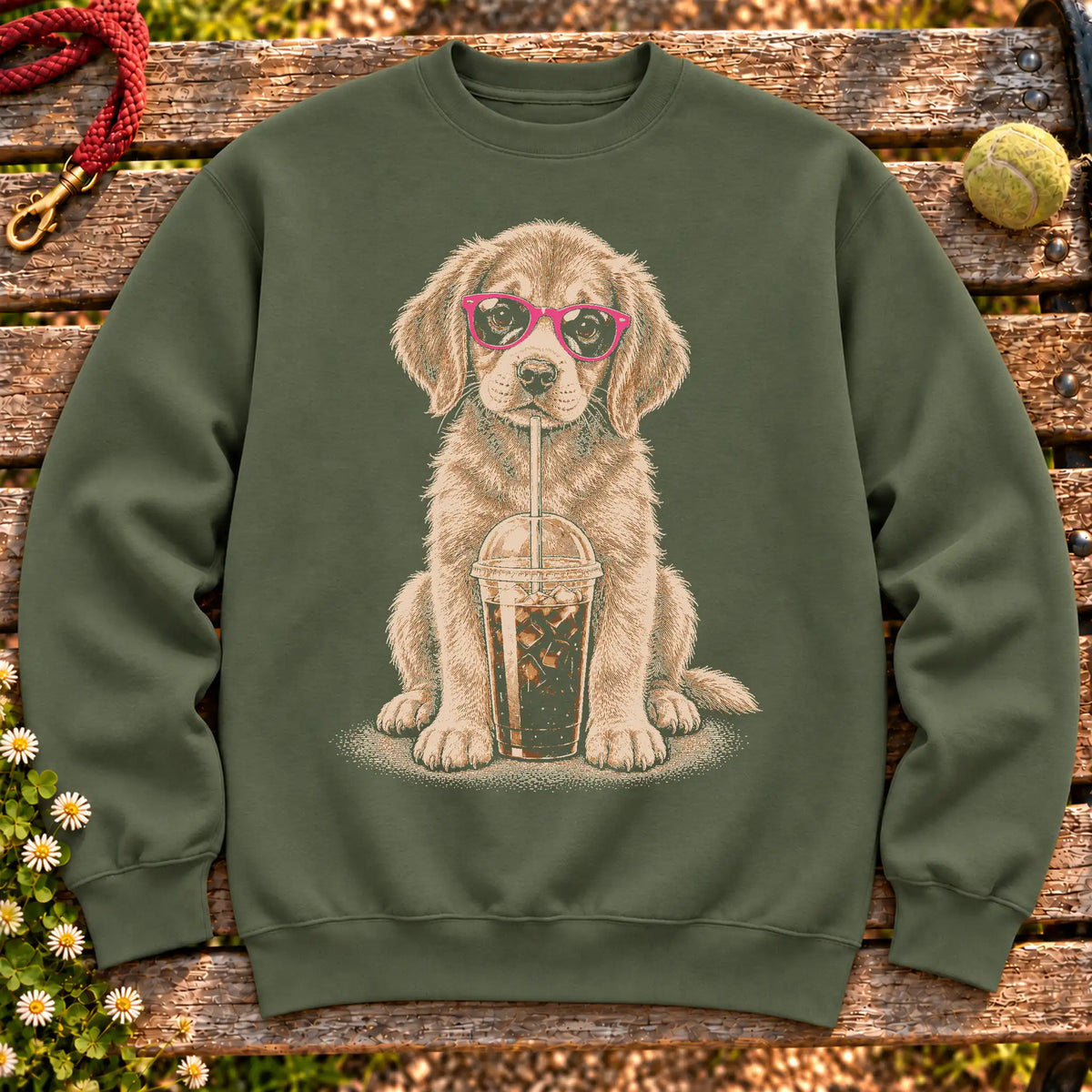 Golden Retriever drinking cold coffee in pink sunglasses on Military Green sweatshirt