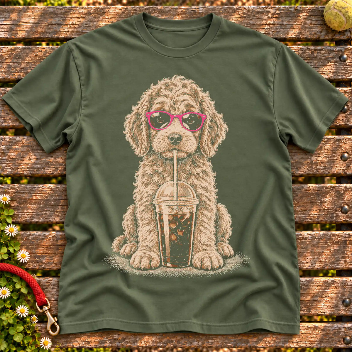 Goldendoodle drinking cold coffee in pink sunglasses on Military Green T-shirt
