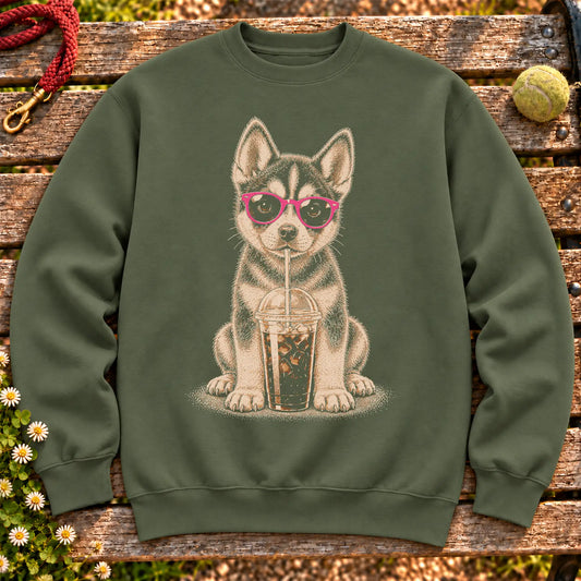 Husky drinking cold coffee in pink sunglasses on Military Green sweatshirt