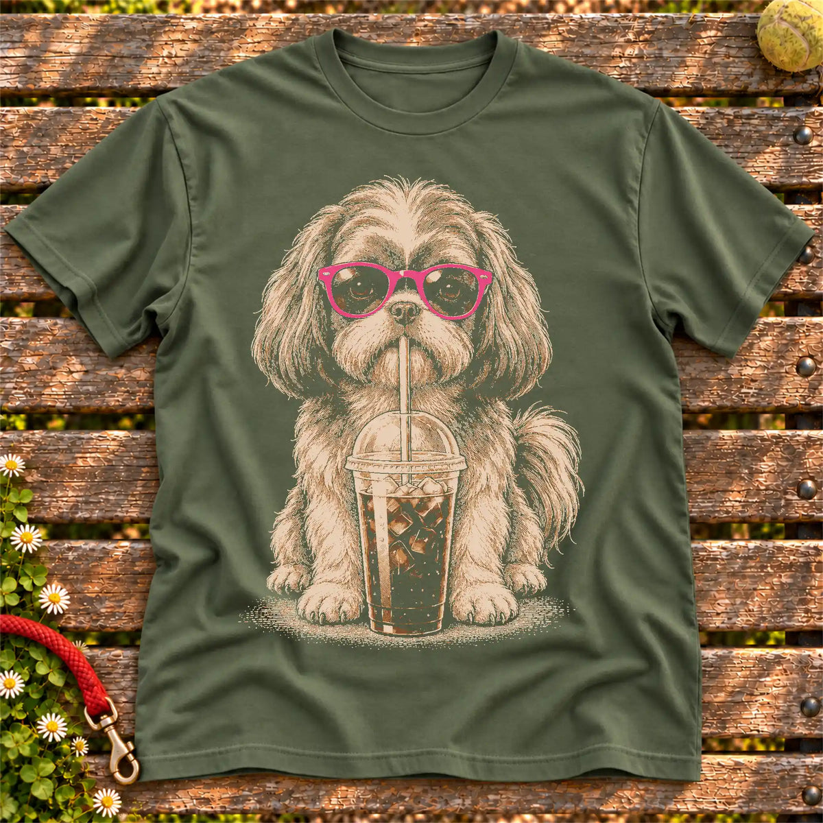 Shih Tzu drinking cold coffee in pink sunglasses on Military Green T-shirt