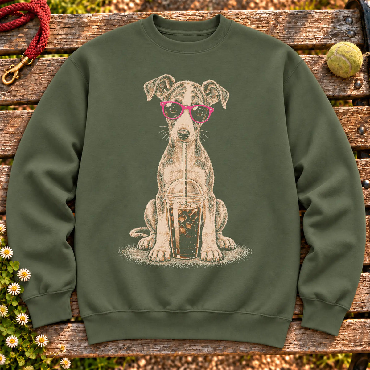 Whippet drinking cold coffee in pink sunglasses on Military Green sweatshirt