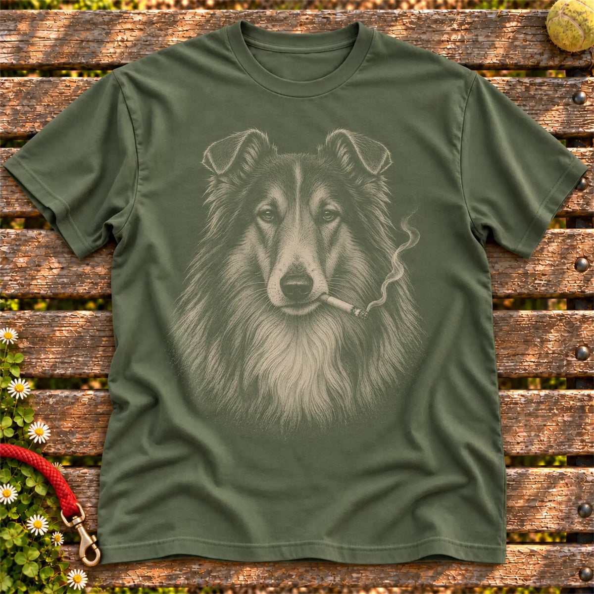 Collie smoking design on a Military Green t-shirt